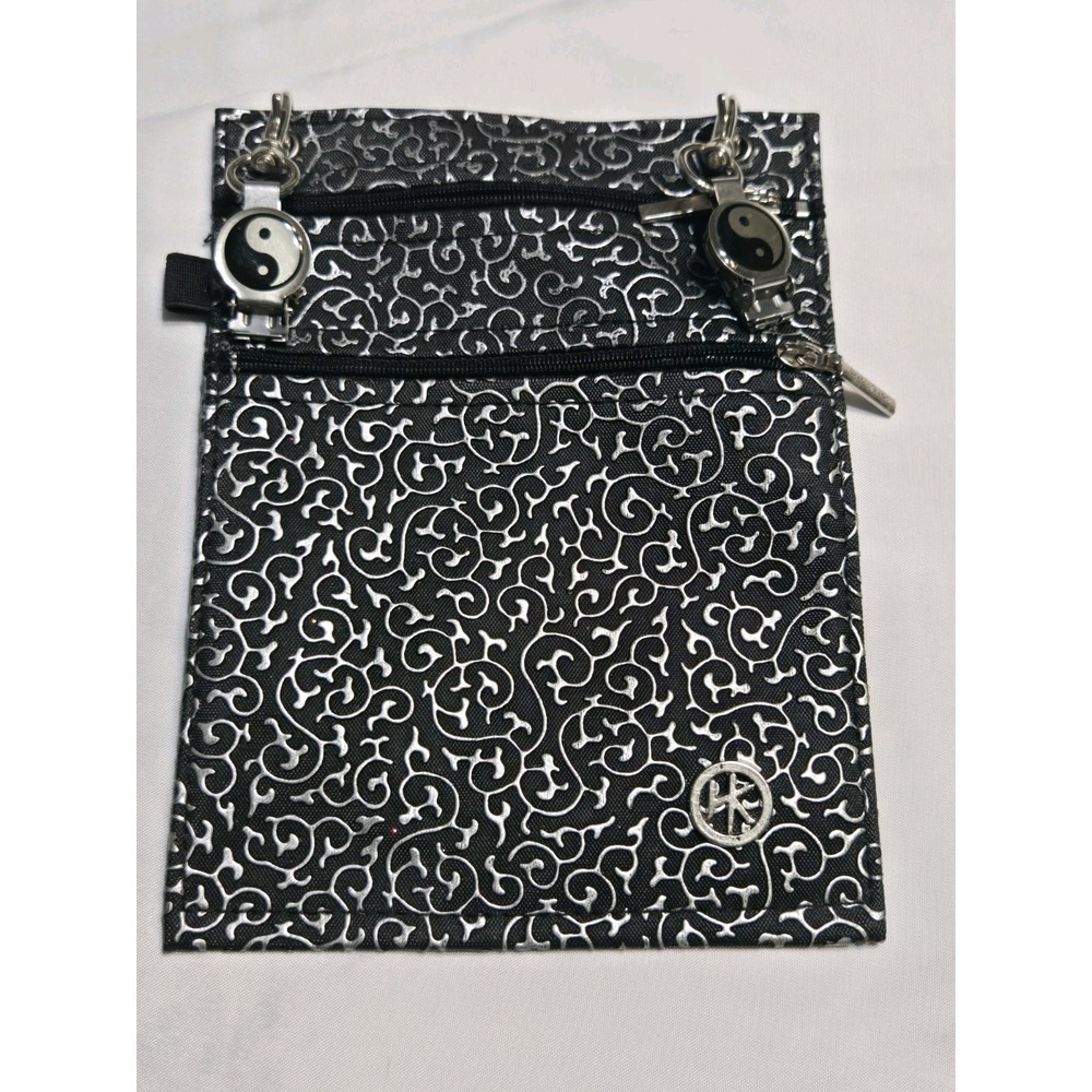 HIP KLIPS Faux Leather ClipOn Double Zip Mini Bag Silver Black Scroll Yin-yang